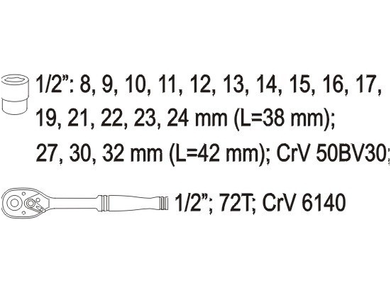 Galvučių rinkinys su terkšle 1/2", 19vnt. 1