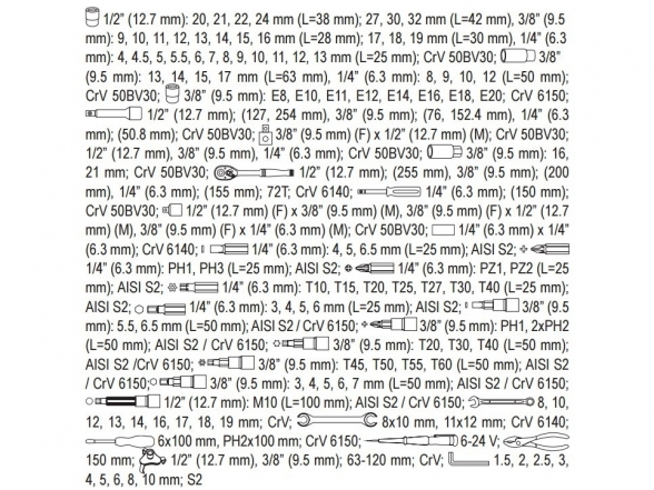 Galvučių ir raktų komplektas, 126 vnt., 1/4" + 3/8" + 1/2" 3