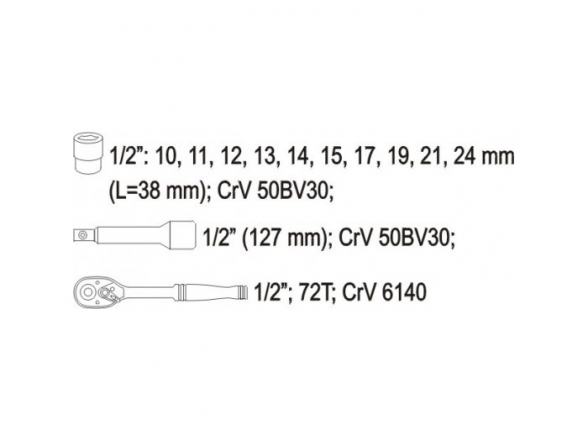 Galvučių komplektas 1/2" su terkšle, 12 vnt. 4