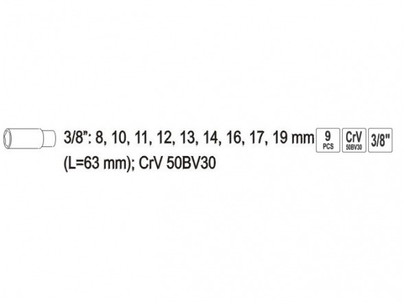 Ilgų galvučių rinkinys 3/8, CR-V, 8 - 19mm, 9 vnt. 1