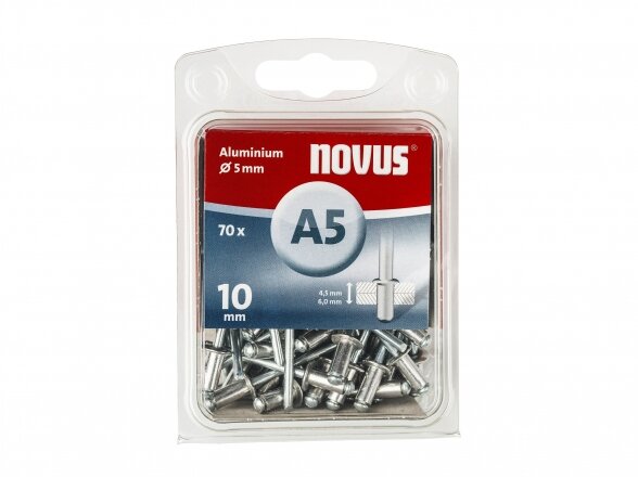 Novus kniedės A5 x 10 mm. Aliuminės. 70 vnt.