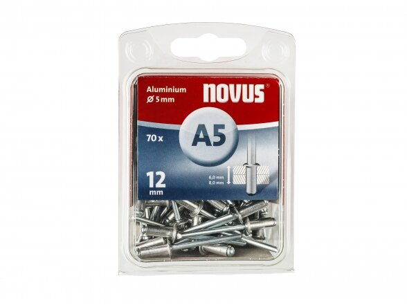 Novus kniedės A5 x 12 mm. Aliuminės. 70 vnt.