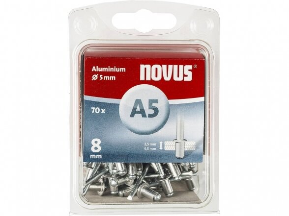 Novus kniedės A5 x 8 mm. Aliuminės. 70 vnt.