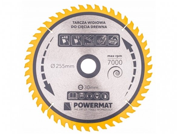 Powermat TDD-255x30x48Z medienos pjovimo diskas 255x30 mm, 48 dantys 1