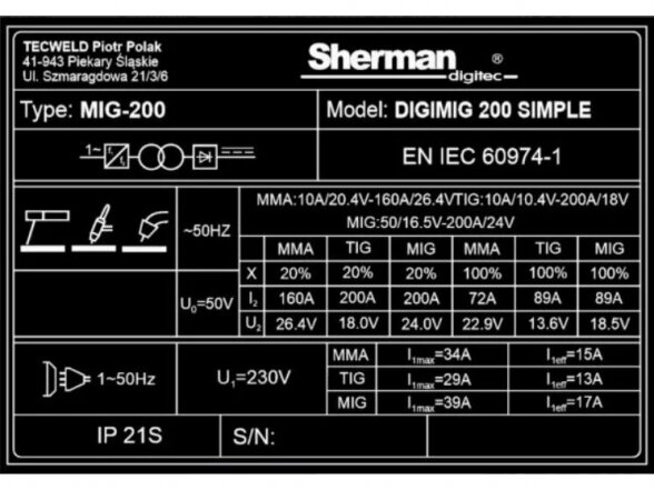 Komplektas - sinerginis suvirinimo aparatas Sherman DIGIMIG 200 SIMPLE, 200A, 230V 13