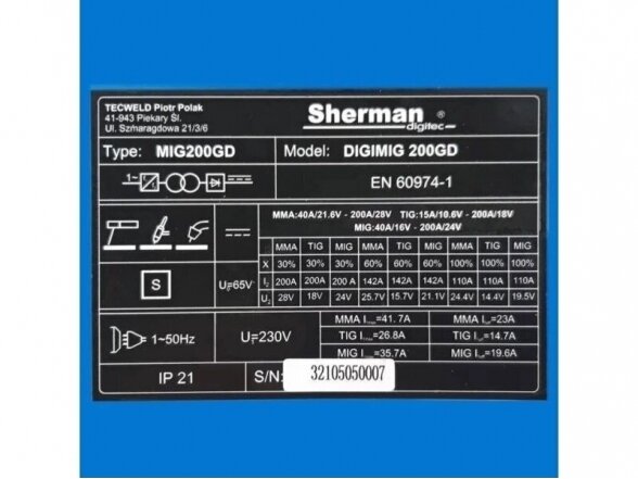 Sherman DIGIMIG 200GD Suvirinimo pusautomatis, 200A, 230V - komplektacija Mini Factory 11