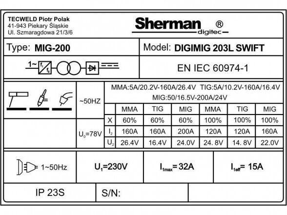 Sherman DIGIMIG 203L SWIFT sinerginis suvirinimo aparatas, 200A, 230V - komplektacija Mini Factory 11