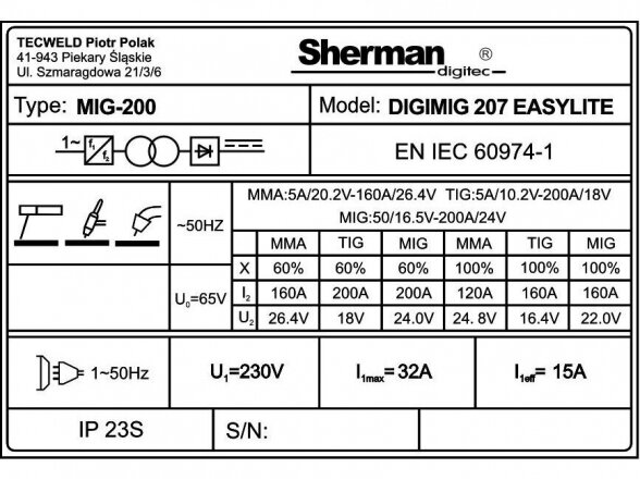 Sherman DIGIMIG 207 EASYLITE sinerginis suvirinimo aparatas, 200A, 230V - komplektacija Mini Factory 11