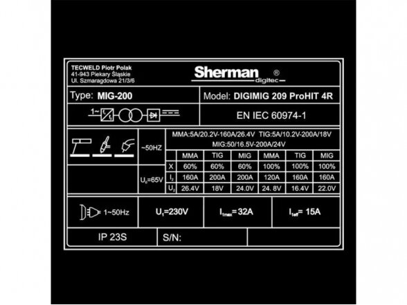 Sherman DIGIMIG 209 ProHIT 4R sinerginis suvirinimo aparatas, 200A, 230V 12