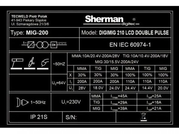 Sherman komplektas - DIGIMIG 210 LCD DOUBLE PULSE sinerginis suvirinimo pusautomatis, 200A, 230V 16