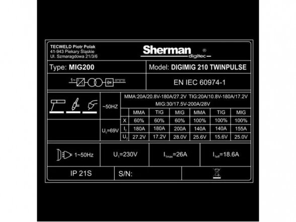 Sherman DIGIMIG 210 TWINPULSE sinerginis suvirinimo aparatas, 200A, 230V 14