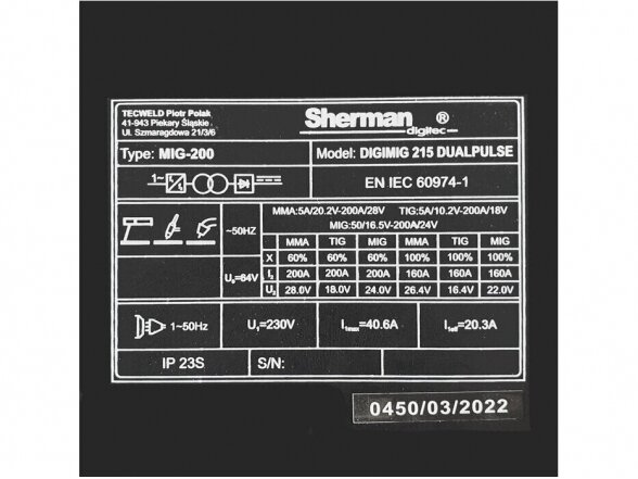 Sherman DIGIMIG 215 DUALPULSE suvirinimo pusautomatis, 200A, 230V - komplektacija Mini Factory 12