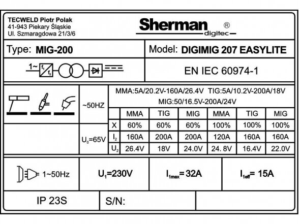 Sherman komplektas - DIGIMIG 207 EASYLITE sinerginis suvirinimo aparatas, 200A, 230V 14