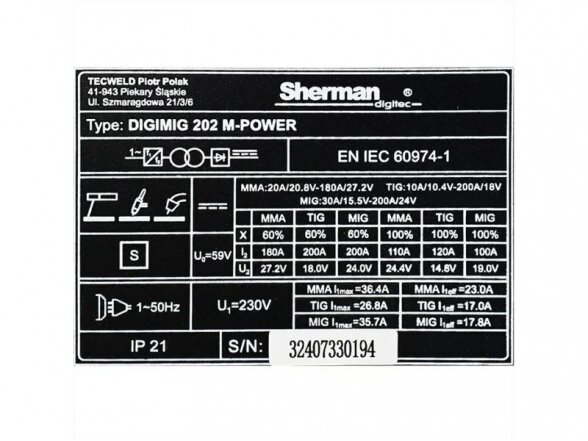 Sherman komplektas - Sherman DIGIMIG 202 M-POWER sinerginis inverterinis suvirinimo aparatas, 200A, 230V 12