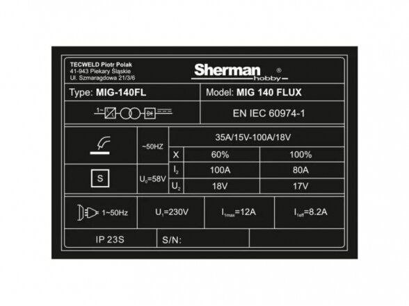 Sherman MIG 140 FLUX suvirinimo aparatas 100A, 230V 10