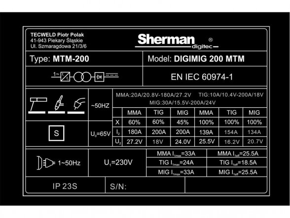 Sinerginis suvirinimo aparatas Sherman DIGIMIG 200 MTM, 200A, 230V - komplektacija Mini Factory 9
