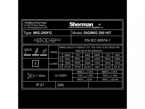 Suvirinimo pusautomatis Sherman DIGIMIG 200 HIT, 200A, 230V - komplektacija Mini Factory 10
