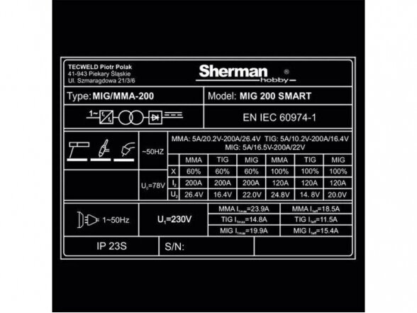 Suvirinimo pusautomatis Sherman MIG 200 SMART, 200A, 230V - komplektacija Mini Factory 10