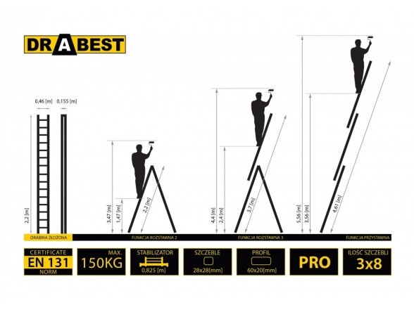 Trijų dalių daugiafunkcinės kopėčios DRABEST „PRO“ 3x8 1