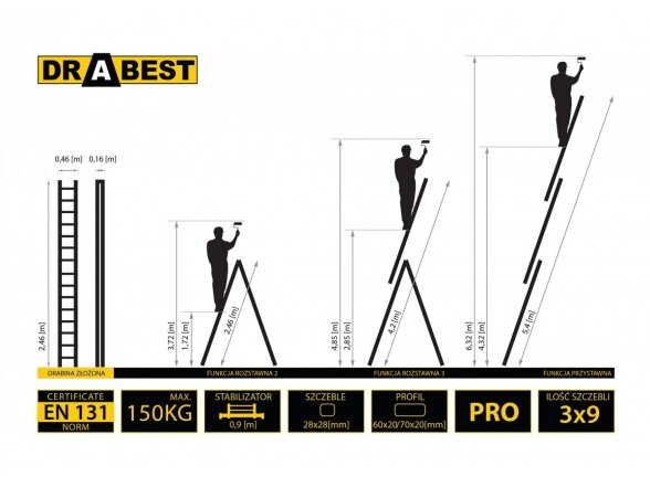 Trijų dalių daugiafunkcinės kopėčios DRABEST „PRO“ 3x9 1